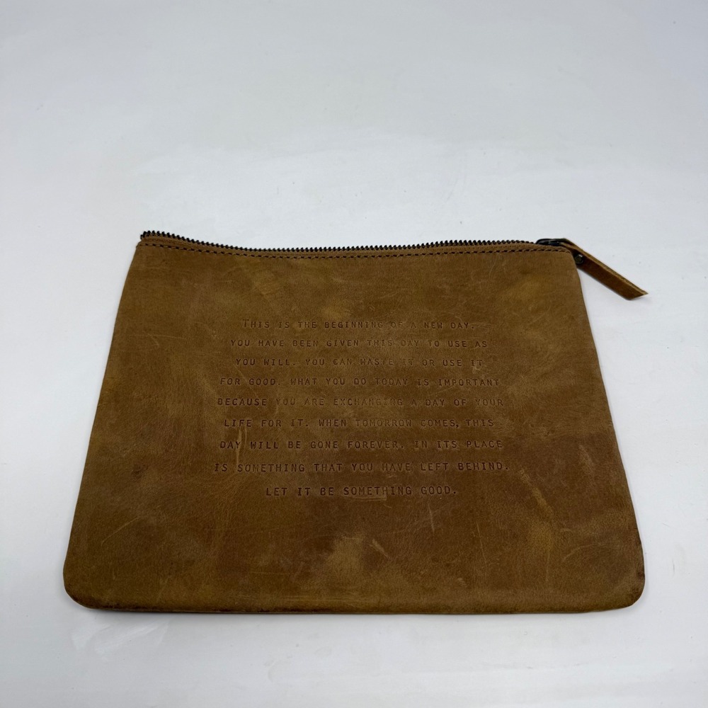 Sugarboo & Co Tan Brown Distressed Leather Quote Zipper Pouch Accessory Bag